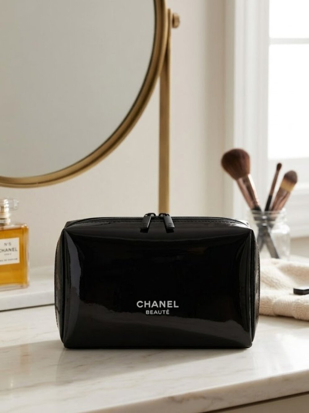 Chanel Beauty Glossy Black Makeup Toiletry Cosmetic Top Zip Closure Bag Case